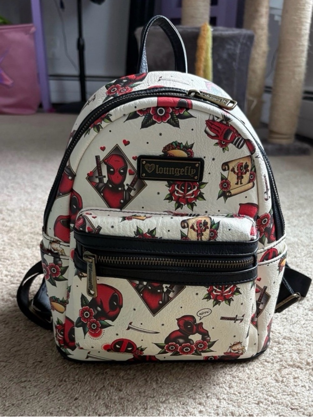 Loungefly White Red Black Floral Deadpool Mini Backpack